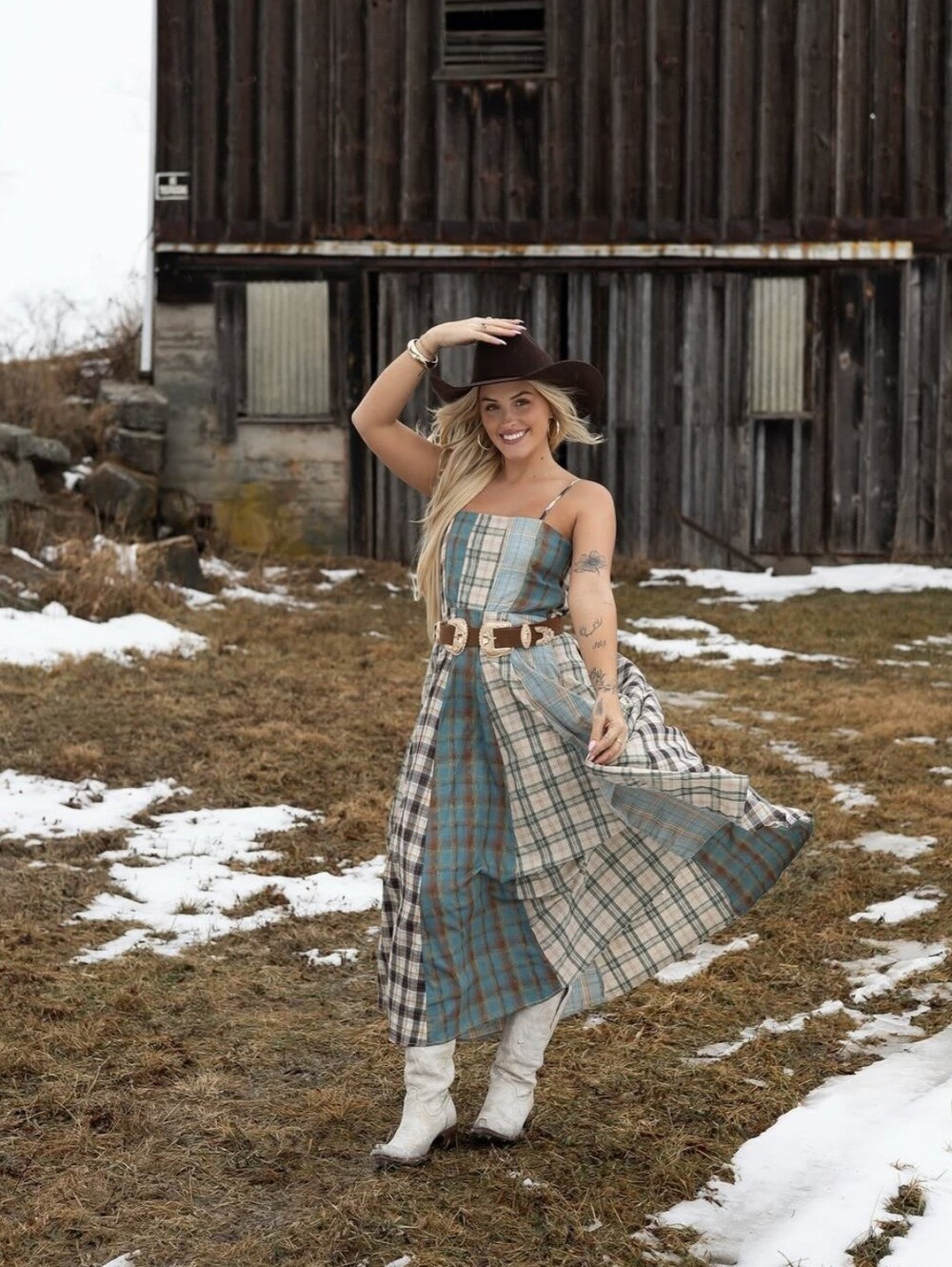 Shop Ivory Buck GiGio Teal Patchwork Plaid Square Neck Western Charm Midi Dress - Picture 14 of 15